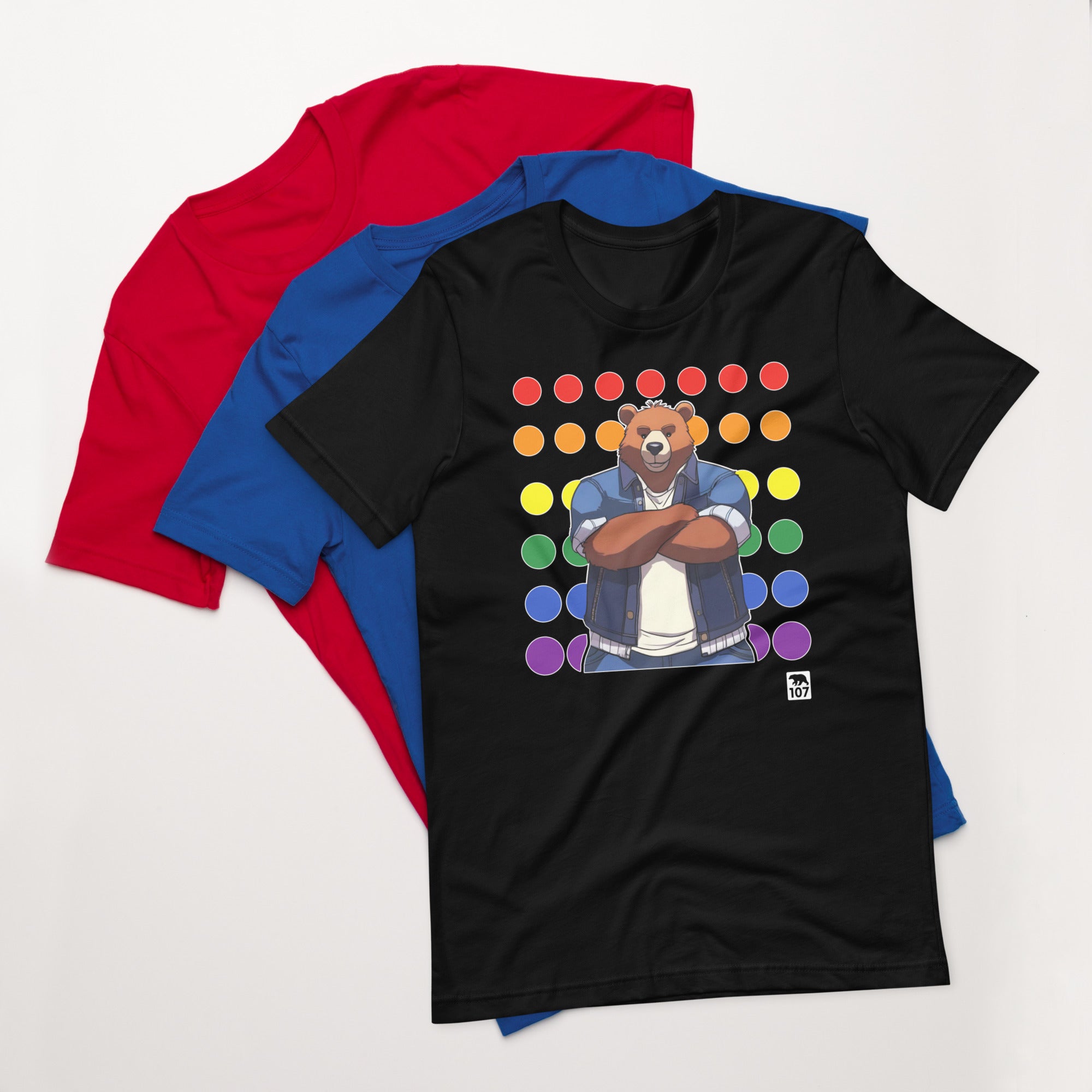 Gay Pride Bear on Rainbow Dots t-shirt