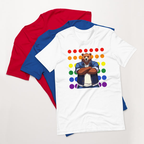 Gay Pride Bear on Rainbow Dots t-shirt